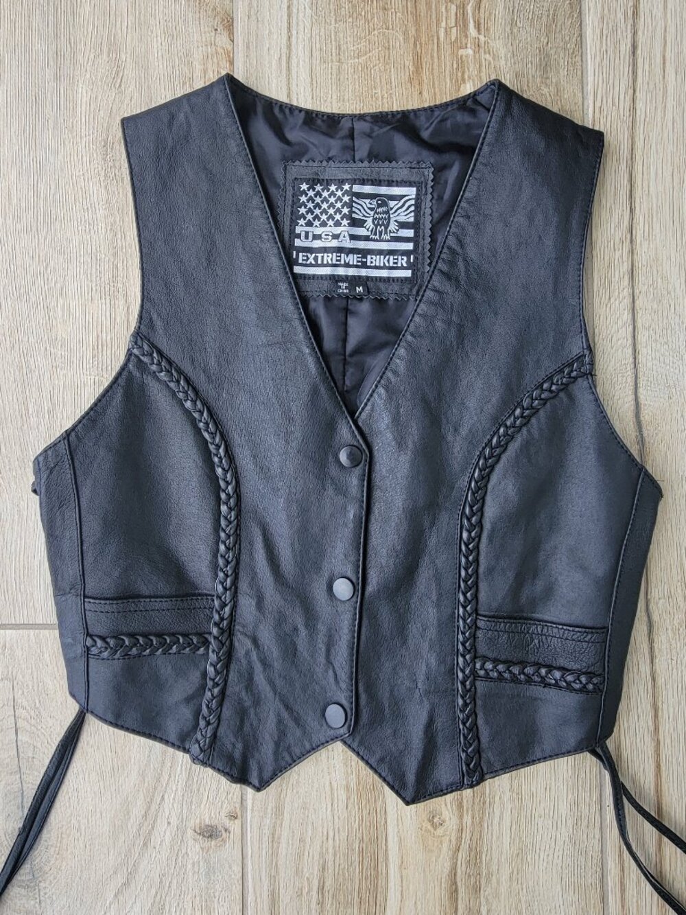 USA Extreme Biker Black Leather Motorcycle Vest – Braided & Side Laces